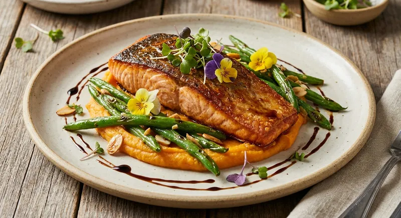 Baked Salmon with Sweet Potato Mash & Sautéed Green Beans