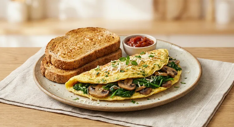 Vegetable Omelette with Spinach, Mushrooms & Whole-Wheat Toast