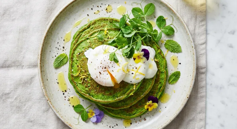 Green Pea & Mint Savory Chickpea Pancakes with Poached Egg & Lemon Yogurt