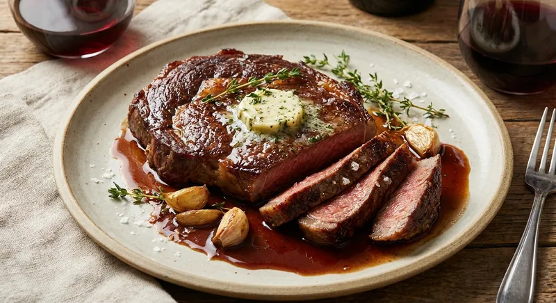 Pan-Seared Ribeye Steak with Garlic-Thyme Butter and Red Wine Pan Sauce