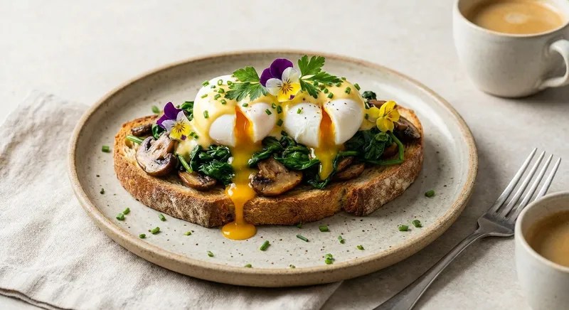 Poached Eggs on Sautéed Mushrooms & Spinach on Gluten-Free Toast
