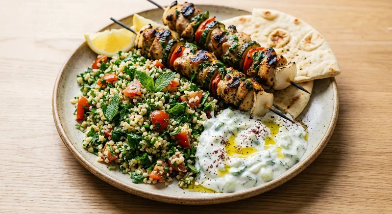 Mediterranean Chicken Kebabs with Tabbouleh & Yogurt Tzatziki