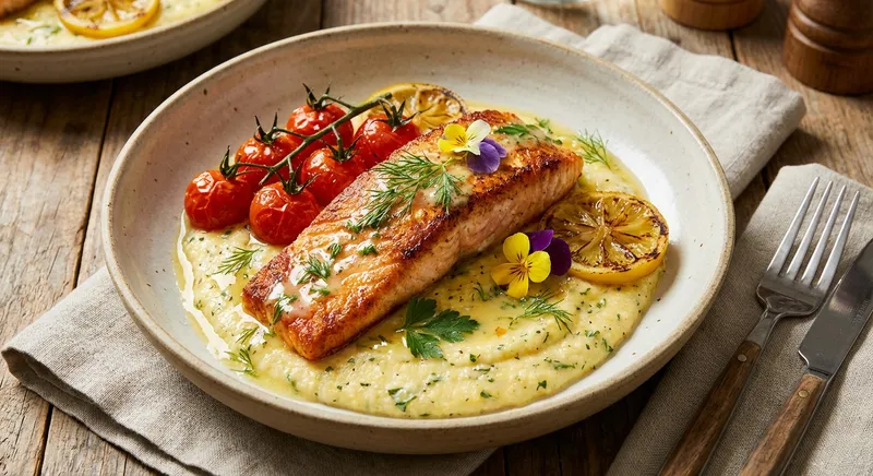Pan-Seared Salmon with Lemon, Cherry Tomatoes, and Quick Polenta