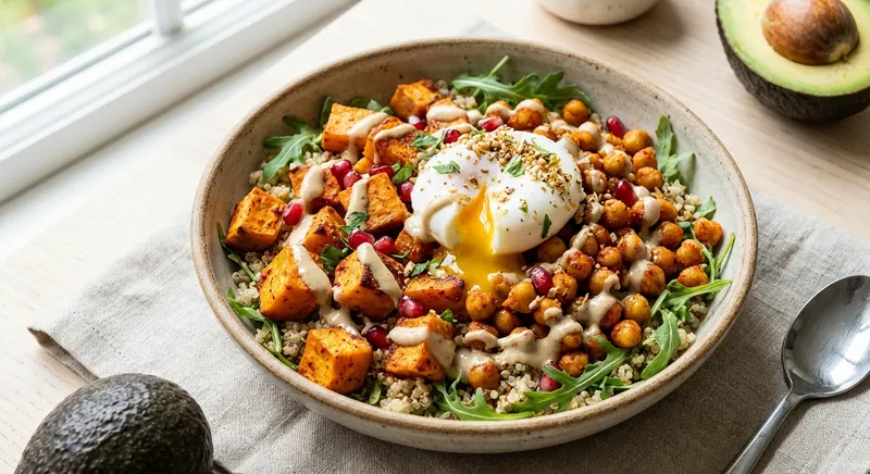 Roasted Harissa Chickpea & Sweet Potato Breakfast Bowl with Tahini‑Date Drizzle