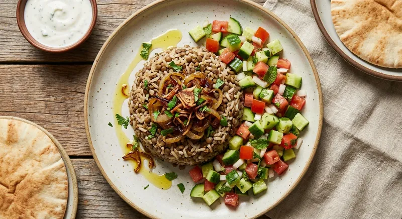 Mujaddara with Cucumber-Tomato Salad