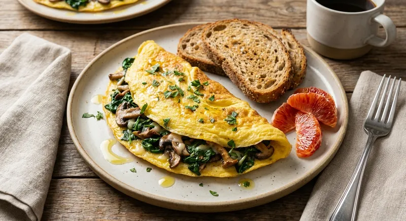 Spinach & Mushroom Omelette with Whole Grain Toast and Orange