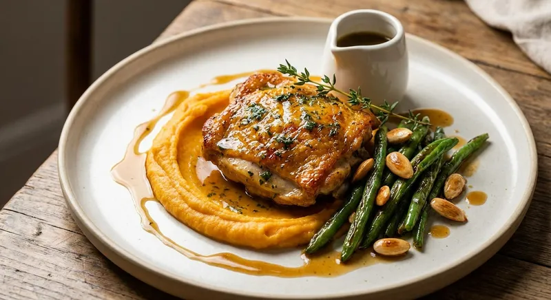Roast Chicken Thigh with Sweet Potato Mash & Green Beans