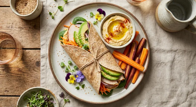 Turkey & Avocado Whole-Wheat Wrap with Hummus and Carrot Sticks