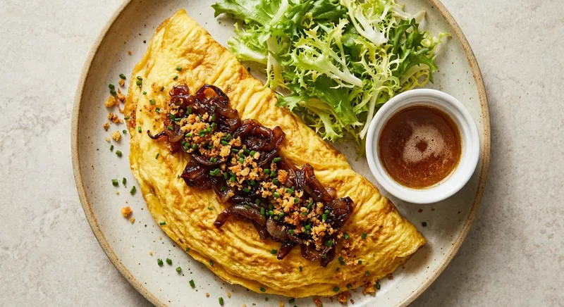 French-Style Brown-Butter Omelette with Caramelized Onion & Crispy Garlic Breadcrumbs