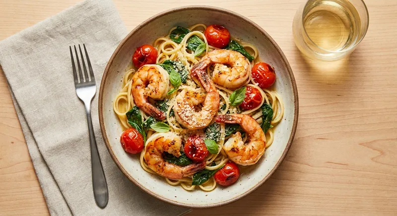 Shrimp Linguine with Cherry Tomatoes and Spinach