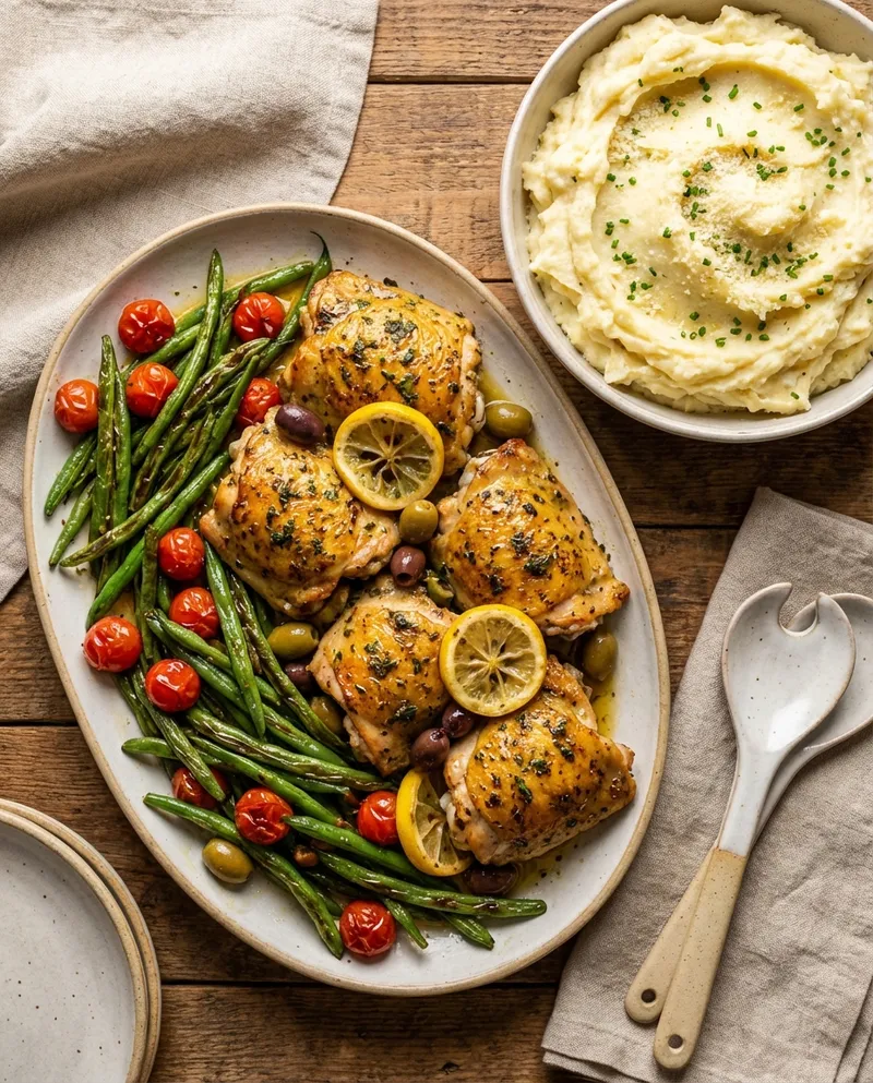 Mediterranean Lemon-Herb Roast Chicken Thighs with Parmesan Garlic Mashed Potatoes & Roasted Green Beans (Family-Style for 6)