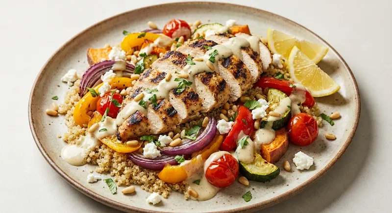 Grilled Chicken & Quinoa Salad with Roasted Veg and Lemon-Tahini Dressing
