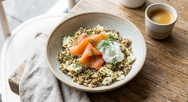 Protein-Packed Quinoa & Egg White Breakfast Bowl with Smoked Salmon and Lemony Greek Yogurt