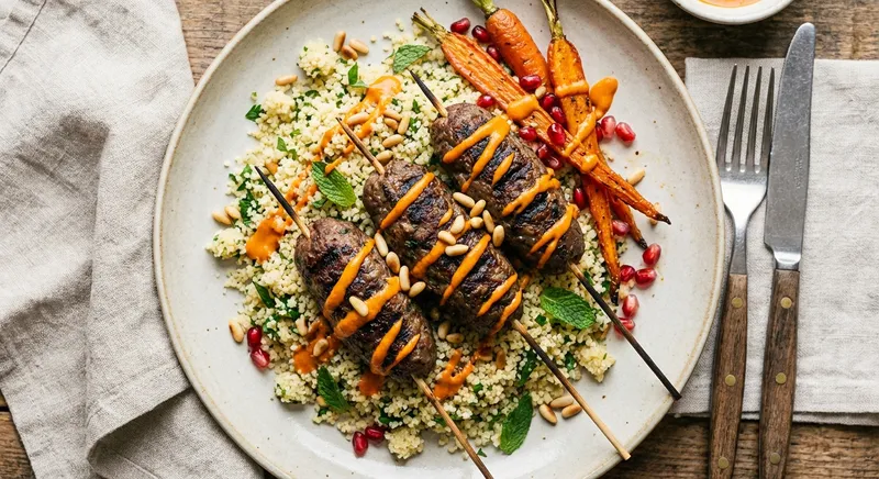 Grilled Beef Kofta with Herbed Couscous and Roasted Carrot–Tahini Drizzle