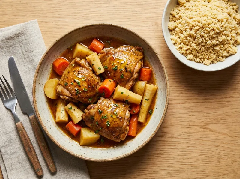 Chicken Thigh Stew with Root Vegetables & Whole-Wheat Couscous