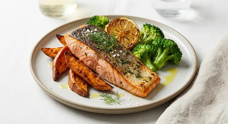 Baked Salmon with Roasted Sweet Potato & Steamed Broccoli