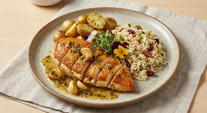 Garlic Chicken with Herbed Potatoes and Rice Pilaf