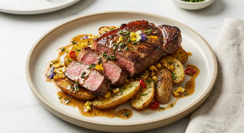 Pan-Seared Sirloin with Herbed Brown-Butter Fingerling Potatoes & Charred Corn