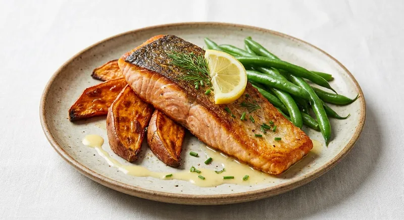 Pan-Seared Salmon with Roasted Sweet Potato Wedges & Steamed Green Beans
