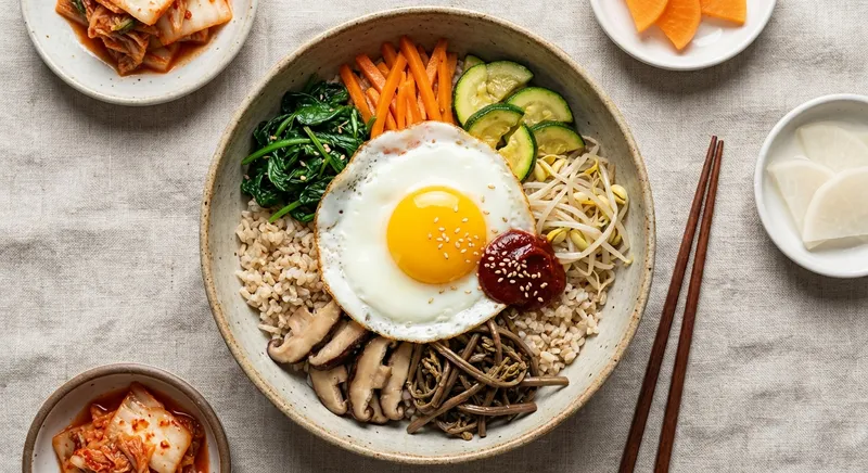 Vegetarian Bibimbap with Brown Rice, Sautéed Veggies, and Fried Egg