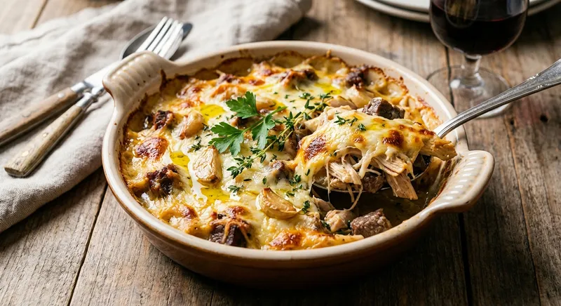 Cheesy Garlic Chicken and Beef Casserole