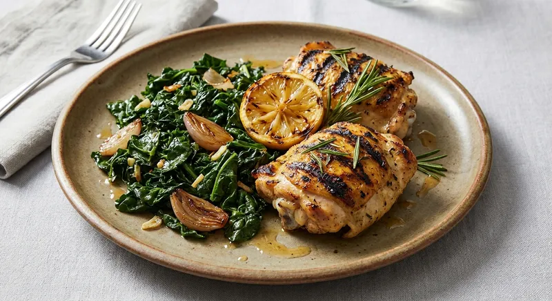 Grilled Lemon-Rosemary Chicken Thighs with Sautéed Tuscan Kale and Roasted Shallots