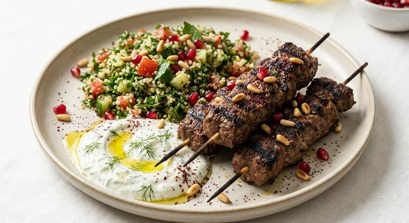 Grilled Lamb Kebabs with Quinoa Tabbouleh and Dairy-Free Cucumber-Yogurt Sauce