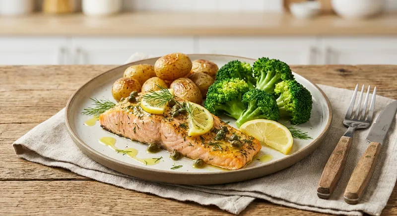 Baked Lemon-Dill Salmon with Baby Potatoes & Steamed Broccoli