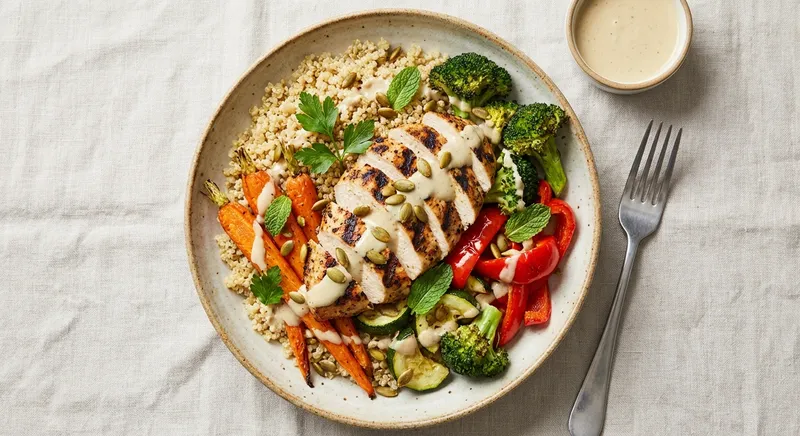 Grilled Chicken Quinoa Bowl with Roasted Vegetables & Tahini-Lemon Dressing