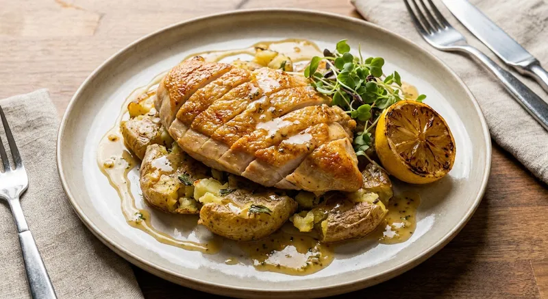 Pan-Seared High-Protein Chicken with Herbed Crushed Potatoes & Lemon-Garlic Pan Jus