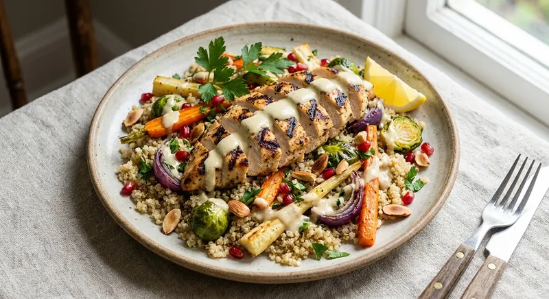 Grilled Chicken & Quinoa Salad with Roasted Veg and Lemon-Tahini Dressing