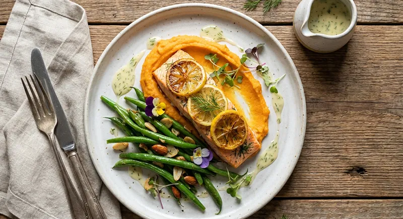 Baked Lemon-Dill Salmon with Mashed Sweet Potato & Sautéed Green Beans
