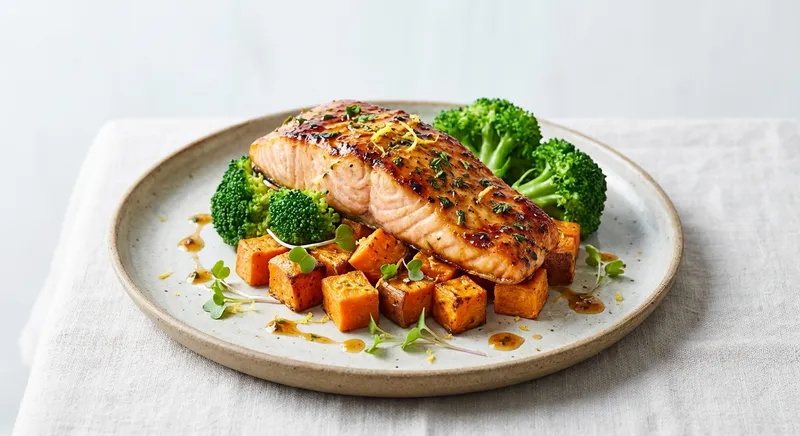 Baked Salmon with Roasted Sweet Potato & Steamed Broccoli
