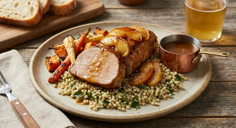 Cider-Roast Pork Tenderloin with Roasted Root Vegetables and Herbed Israeli Couscous