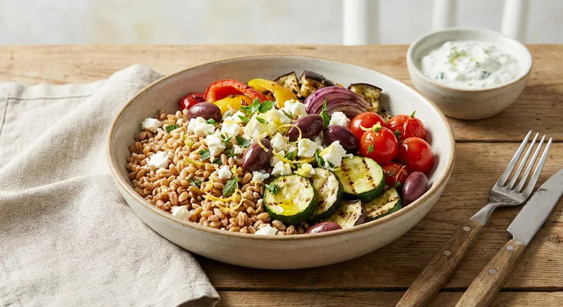 Mediterranean Farro Bowl with Feta & Grilled Vegetables