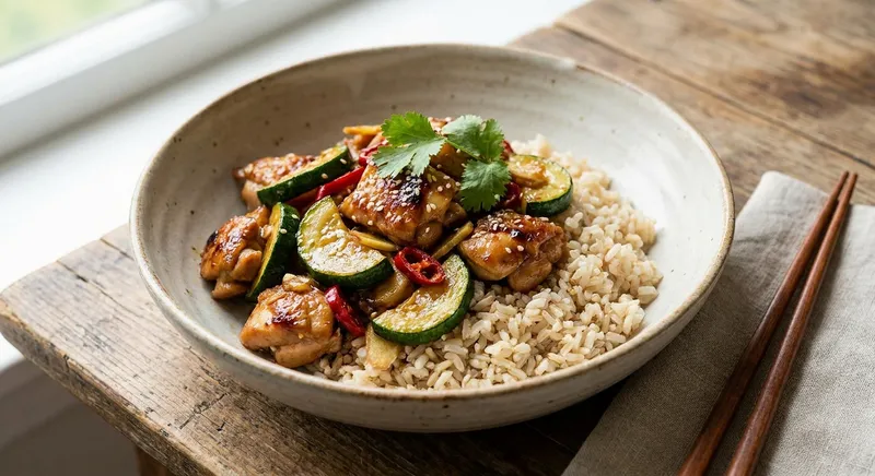 Wok-Stir-Fried Ginger-Chili Chicken with Zucchini and Brown Jasmine Rice
