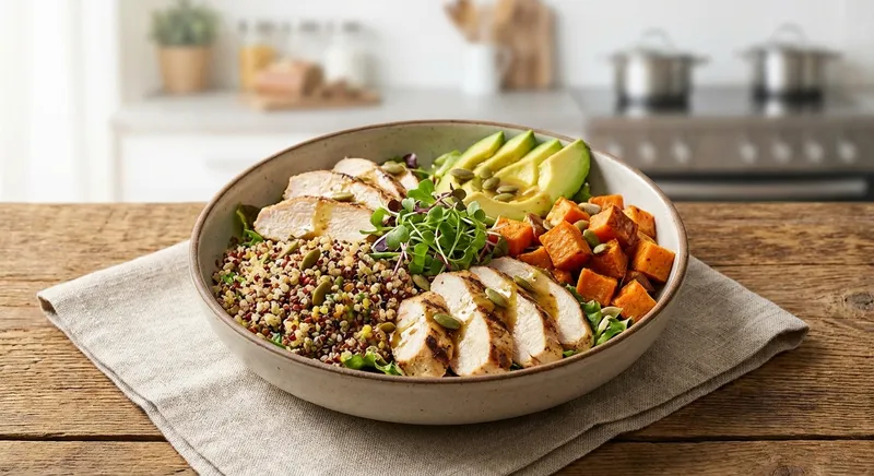 Grilled Chicken & Quinoa Salad with Roasted Sweet Potato and Avocado