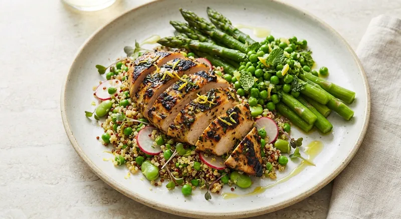 Grilled Lemon-Herb Chicken with Spring Quinoa, Blanched Asparagus & Minted Pea Salsa