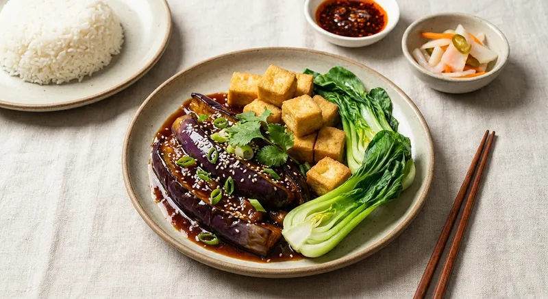 Chinese-Style Braised Eggplant with Crispy Tofu & Bok Choy, Jasmine Rice