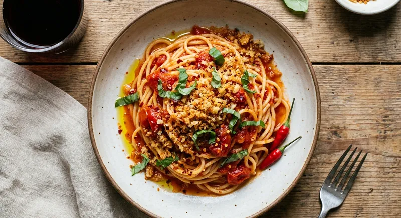 Pantry-Style Spaghetti all'Arrabbiata with Crispy Garlic Breadcrumbs