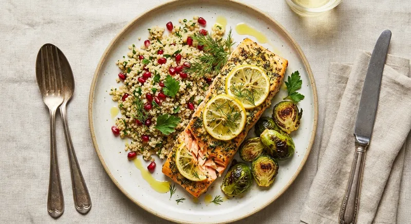 Baked Lemon-Herb Salmon, Quinoa & Roasted Brussels Sprouts