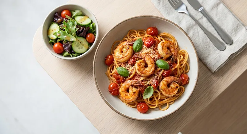 Shrimp Linguine with Tomato Garlic Sauce and Side Salad