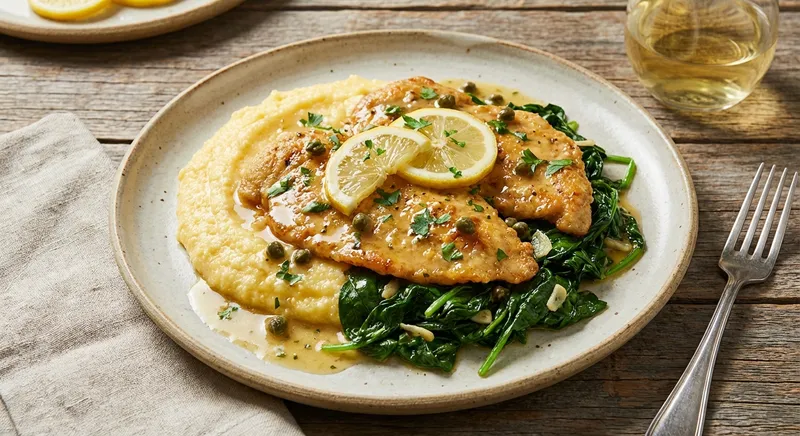 Chicken Piccata with Sautéed Spinach & Polenta