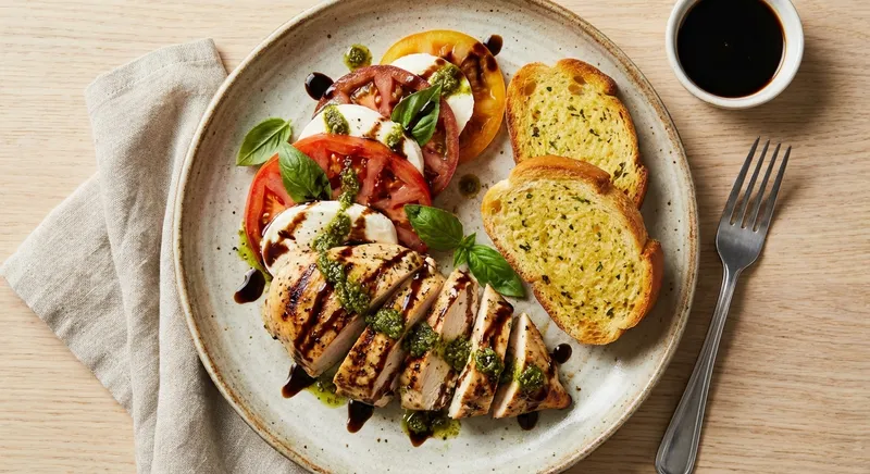 Grilled Chicken Caprese with Garlic Bread