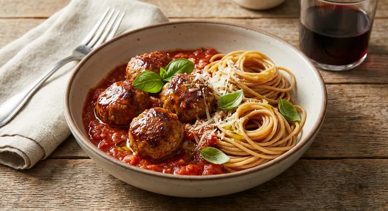 Baked Turkey Meatballs in Tomato Sauce with Whole-Wheat Spaghetti