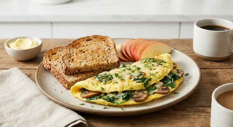 Spinach & Mushroom Omelette with Whole-Grain Toast and Apple