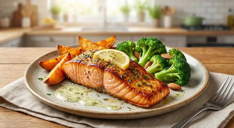 Baked Salmon with Roasted Sweet Potato & Steamed Broccoli