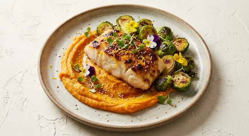Miso-Citrus Baked Cod with Sesame-Roasted Brussels Sprouts and Sweet Potato & Orange Mash