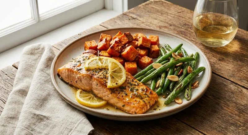 Baked Lemon-Herb Salmon with Roasted Sweet Potato & Sautéed Green Beans