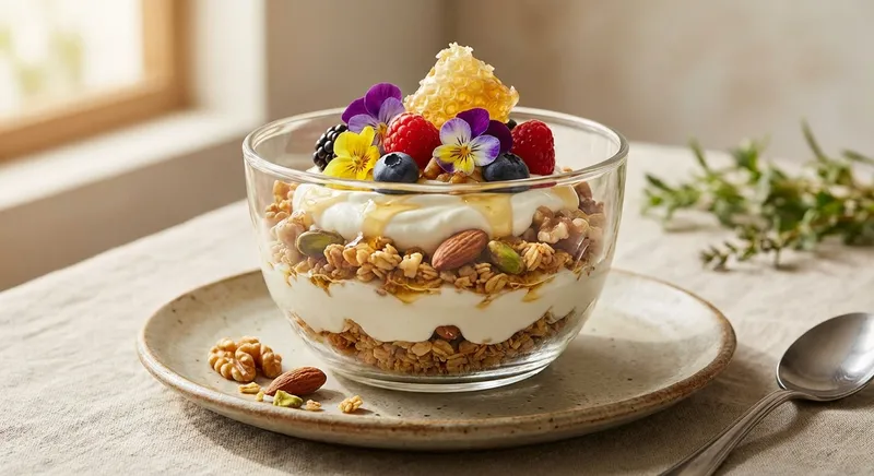Greek Yogurt Parfait with Granola, Nuts & Honey